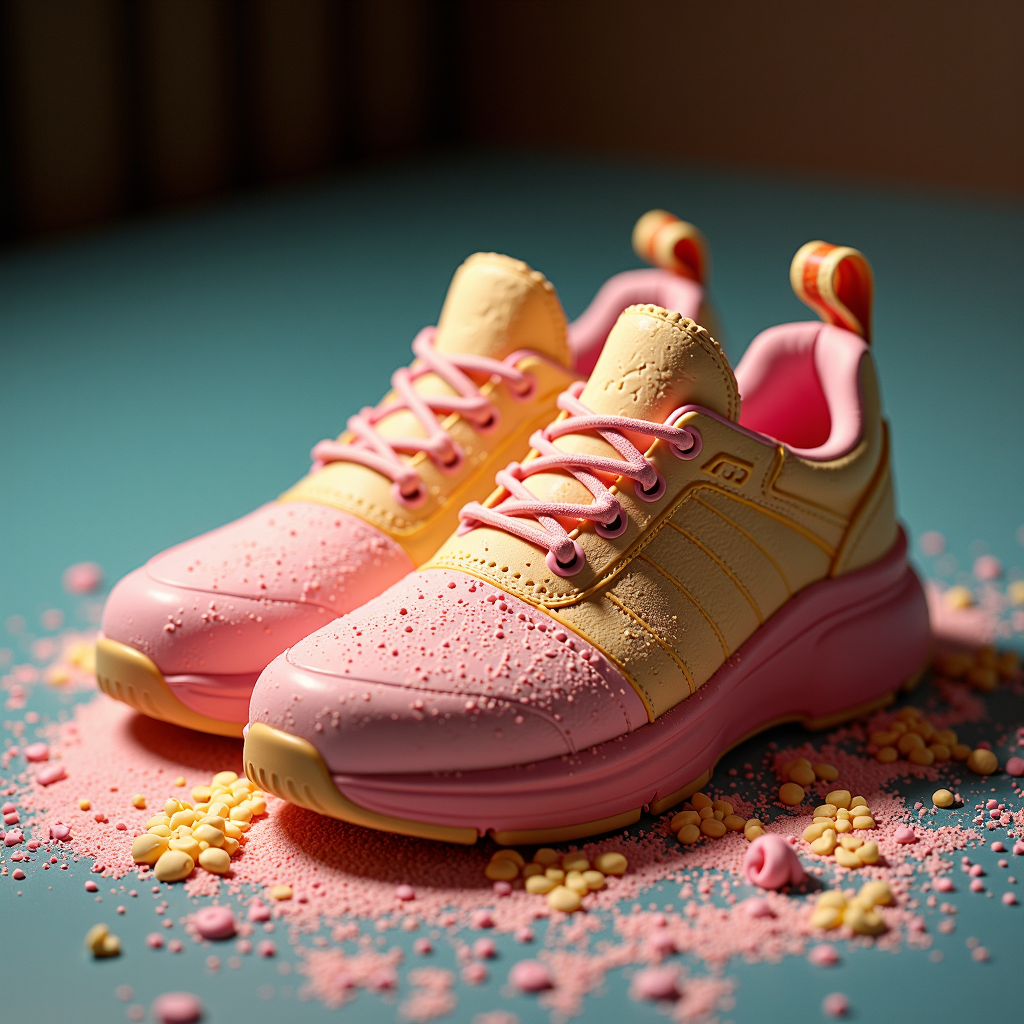 a professional (film grain:1.2) photography of a made entirely out of ice cream GelatoStyle Shoes<lora:GelatoStyleFlux:0.5>