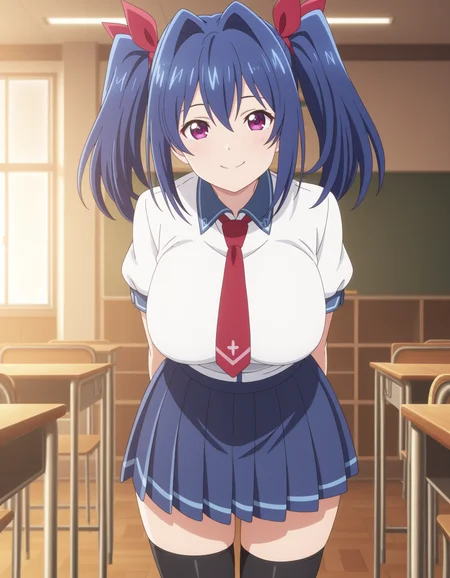 masterpiece,good quality,best quality,absurdres,highres,very awa,<lora:Aki Nijou:1>,Aki Nijou,high school girl,blue hair,huge breasts,hair intakes,hair between eyes,purple eyes,<lora:anime_screencap-Illustrious:1>,anime screencap,long twintails hair,buttoned up short sleeved white blouse with a blue collar and red ribbon necktie,blue pleated skirt,black thighhighs,classroom hallways,looking at viewer,arms behind back,smile,