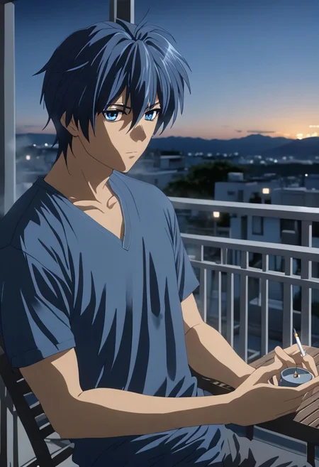 Anime Style, easynegative, detailed_eye_model, Highres, Masterpiece, High Quality, 4K, 8K, solo, 1boy, Tomoya Okazaki, Deep Blue Eyes, Grey Blue Hair, v-neck t-shirt, home balcony, smoking, holding a cigarette, cool air, dew, dim light, sunrise, late morning, relax, chair, table, outdoor air conditioning unit, potted plant, clean environment