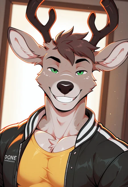 rune, deer boy, solo, grin, ^_^, green eyes, muscular, dynamic angle, face focus, portrait, yellow shirt, black letter-man jacket, open jacket, BREAK masterpiece, best quality, amazing quality, very aesthetic, high resolution, 4K, extremely-detailed, depth of field, separate focus, newest, detailed background, beautiful, cinematic lighting