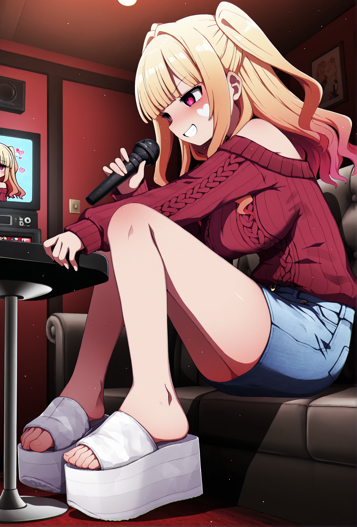 masterpiece, best quality, 
by you (noanoamoemoe),
from side, (low angle:1.1),
1girl, tan skin, gyaru, 
sweater, denim skirt,
large breasts, 
(l4c4rte sandals), (platform footwear), (white footwear:1.1),
feet, toes, 
(blonde hair), (white makeup),
cute face, perfect face,
sitting on leather couch,
karaoke box, karaoke, microphone,