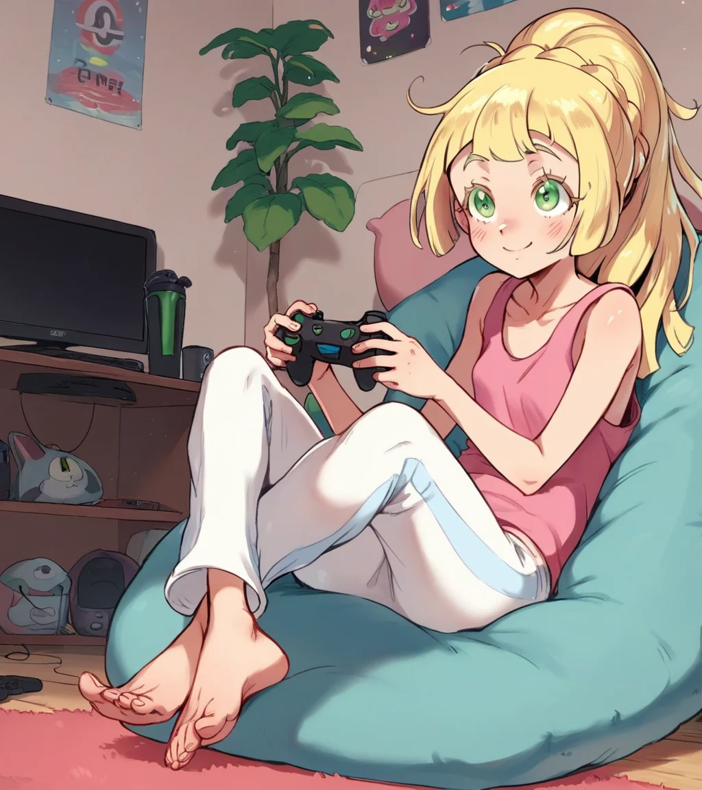 lillie \(pokemon\), 1girl, solo, green eyes, blonde hair, open hair, slightly messy hair, teen, skinny, (pink tank top), loose tank top, long track pants, black track pants, gaming, gamer, sitting, beanbag, gaming room, holding controller, barefoot, comfy, happy, smile, looking away, girl gamer room, indoors, crossed feet,
BREAK
score_9, score_8_up, score_7_up, score_6_up, source_anime <lora:TER_Pony_1.1-000020:0.8>