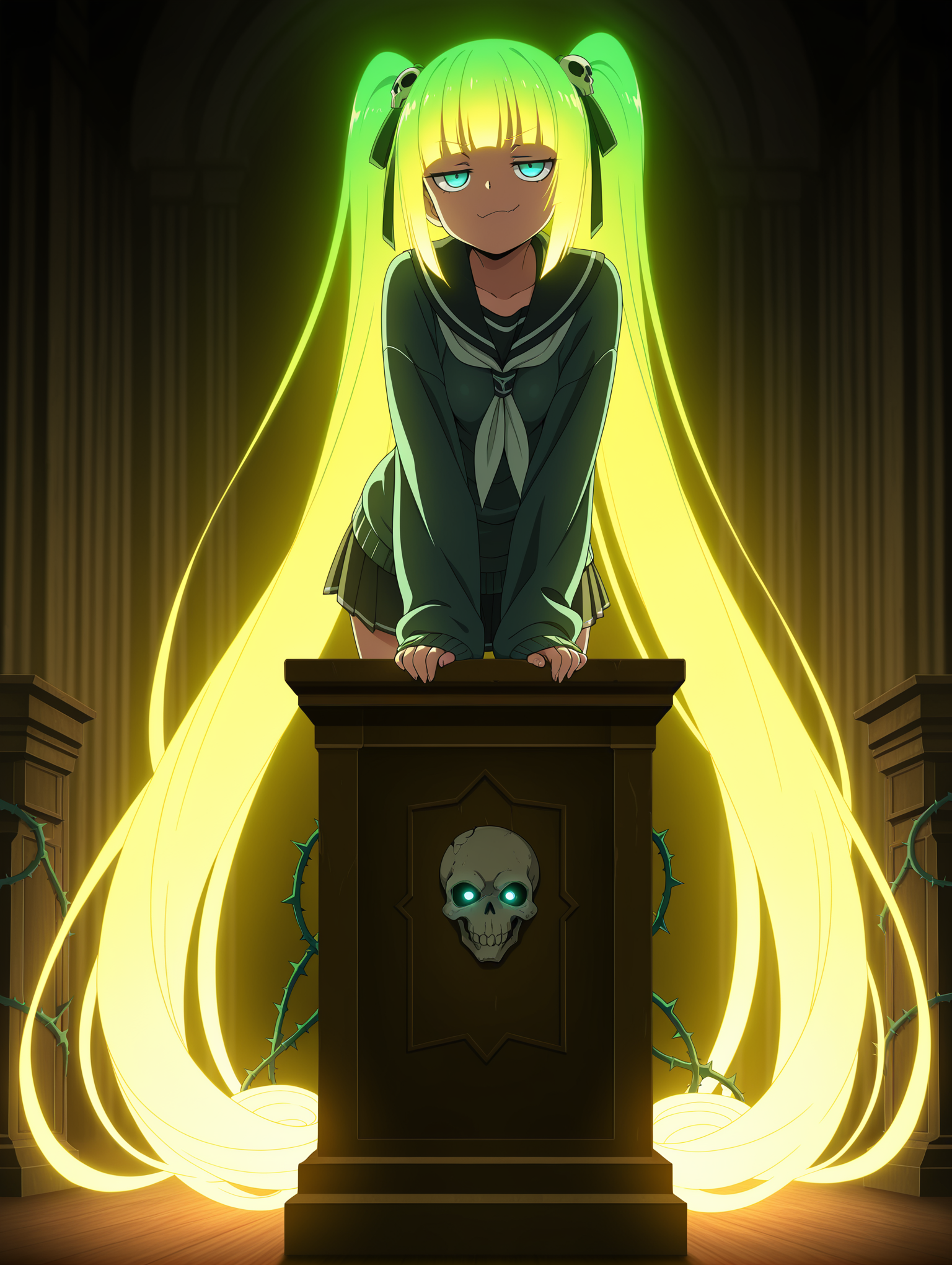 blond hair, curly twintails, full body, smug, sharp face, detached sleeves, hair ribbon, oversized clothes, too long sleeves, 1girl, cute, lace trim, volumetric lighting, hime cut, pleated skirt, jitome, sitting on a lectern, leaning forward, hand hidding sleeve, green hair, green eyes, blue eyes, very long hair, skull hair ornament, thorns, vines, 1girl, tight breasts, petite, long hair, full body, cinematic lighting, (glowing hair), neon, inside mystical classroom, anime coloring, anime screencap, sharp, cowboy shot, from front, modern attire, sweater, school uniform,
,masterpiece,best quality,amazing quality,