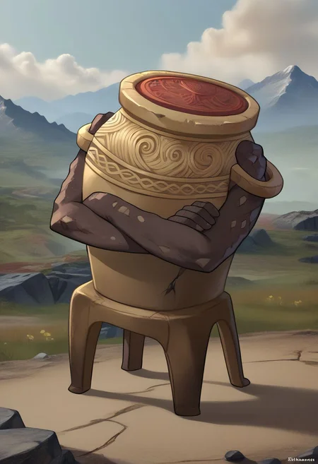 score_9, score_8_up, score_7_up, source_anime, plastic chair, sitting, full-length portrait, <lora:PlasticChair_XLPD-000006:1>, leaning, RythIFAlexanderPony, Alexander \(Elden Ring\), pot guy, outdoors, cloud, mountain, rock, crossed arms