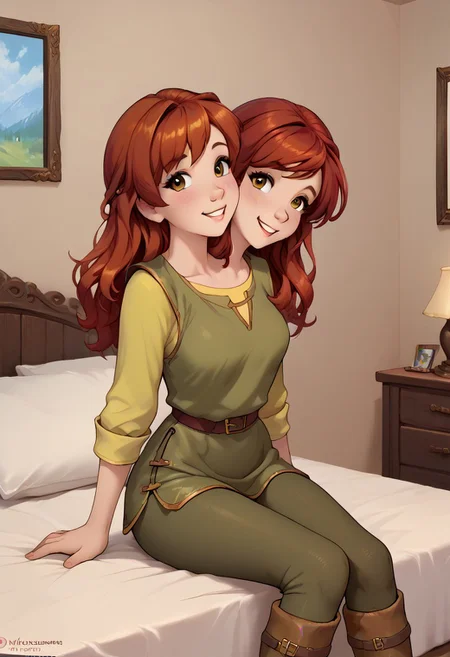 (score_9, score_8_up:1.1), score_7_up, 1girl, two heads, too cute to be true, 18 years old, medium breast, Taran, Hazel Brown Eyes, Red Hair, long hair, Green Vest, Yellow Shirt, Green Pants, Brown Boots petite, cute girl, pretty girl, innocent girl, sexy, cowboy shot, looking at viewer, smile, bedroom, inn, bed, sitting on bed, blush,