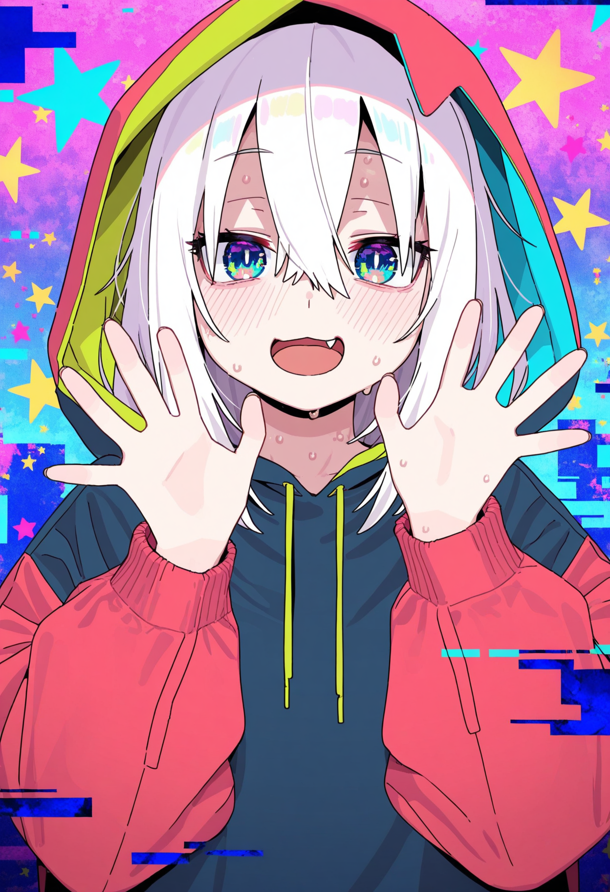 masterpiece,best quality,amazing quality,
solo, fang, open mouth, blush, looking at viewer, long sleeves, smile, 1girl, upper body, sweat, hair between eyes, hood, star (symbol), hands up, colorful, white hair, bangs, hoodie, jacket, glitch,
<lo<lora:Imamura_Ryou:1>
