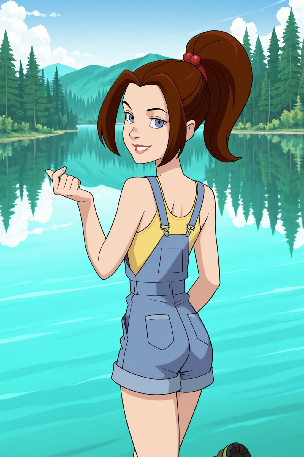 (((official style)), perfect anatomy, perfect eyes, cowboy shot, from behind) BREAK <lora:ShadowcatILL:1> 1girl, brown hair, blue eyes, ((looking back at viewer)), hair ornament, yellow tank top, overalls, overall shorts, hiking boots, arched back, teasing viewer, beckoning viewer, hiking, mountains, lake, woods, outdoors