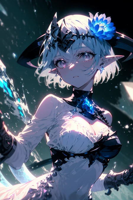 1girl, breasts,short dress, white dress, dress,boots,full body,ice, horns, dragon tail, tail, solo, medium breasts, dragon horns, pointy ears, dragon girl, weapon, flower, short hair, hair ornament, blue hair, hair flower, headpiece, purple eyes, cleavage, holding, bare shoulders, blue flower, covered navel,  bangs, spear, hair between eyes, looking at viewer, detached sleeves, gloves, closed mouth, blush, curled horns, gauntlets, armor, tight (ultra-detailed, detailed clothing, intricate clothing, masterpiece, highres, absurdres, best quality, detailed face, nose, beautiful face, accurate face, realistic face, cute face, stylized, illustration, perfect face, cygames, realistic eyes, wide hips, , empty eyes, high quality, realistic, textured, ambient lighting, cinematic lighting:1.2) (detailed eyes, expressive eyes, detailed face, expressive face), nose, thigh gap, ((outdoors, sky in background)),
 <lora:shadowverseGranblue_1:0.8> ,
 <lora:beautifulDetailedEyes_v10:1.2>