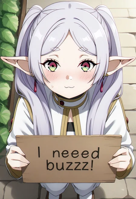 (need_buzz, holding sign), need_buzz, holding sign with another hand : 1.3))), fake smile, nervous sweat, wavy mouth, squatting, looking at viewer, very awa, artist:asanagi, from above, cjdl, cabbage., Frieren (From Frieren: Beyond Journey's End), sfrieren
looking_to_the_side, multiple_girls, open_clothes, open_jacket, red_eyes, single_hair_intake, tail, tail_through_clothes, upper_body, standing,