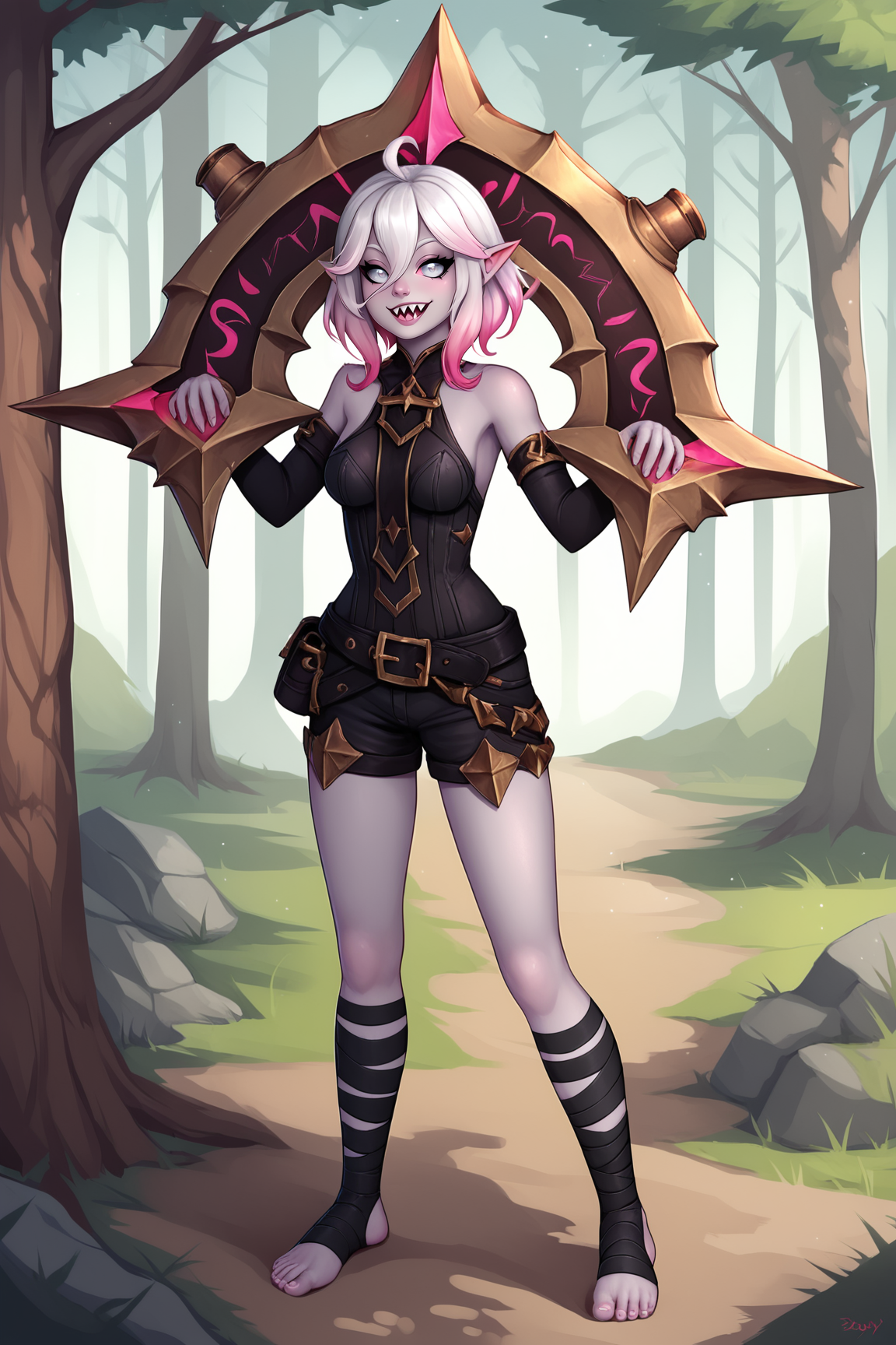 score_9, score_8_up, score_7_up, score_6_up, BREAK, BriarLoLXLv2, grey skin, colored skin, grey eyes, pink sclera, white hair, pink hair, two-tone hair, gradient hair, short hair, hair between eyes, ahoge, pointy ears, sharp teeth, medium breasts, bare shoulders, black thight dress, detached sleeves, black bandaged sleeves, black shorts, belt, black bandaged legwear, toeless legwear, solo, full body, standing, seductive smile, looking at viewer, spiked weapon over shoulder, forest, tree <lora:BriarLoLXLv2:0.8>