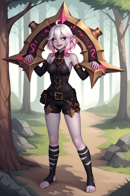 score_9, score_8_up, score_7_up, score_6_up, BREAK, BriarLoLXLv2, grey skin, colored skin, grey eyes, pink sclera, white hair, pink hair, two-tone hair, gradient hair, short hair, hair between eyes, ahoge, pointy ears, sharp teeth, medium breasts, bare shoulders, black thight dress, detached sleeves, black bandaged sleeves, black shorts, belt, black bandaged legwear, toeless legwear, solo, full body, standing, seductive smile, looking at viewer, spiked weapon over shoulder, forest, tree <lora:BriarLoLXLv2:0.8>