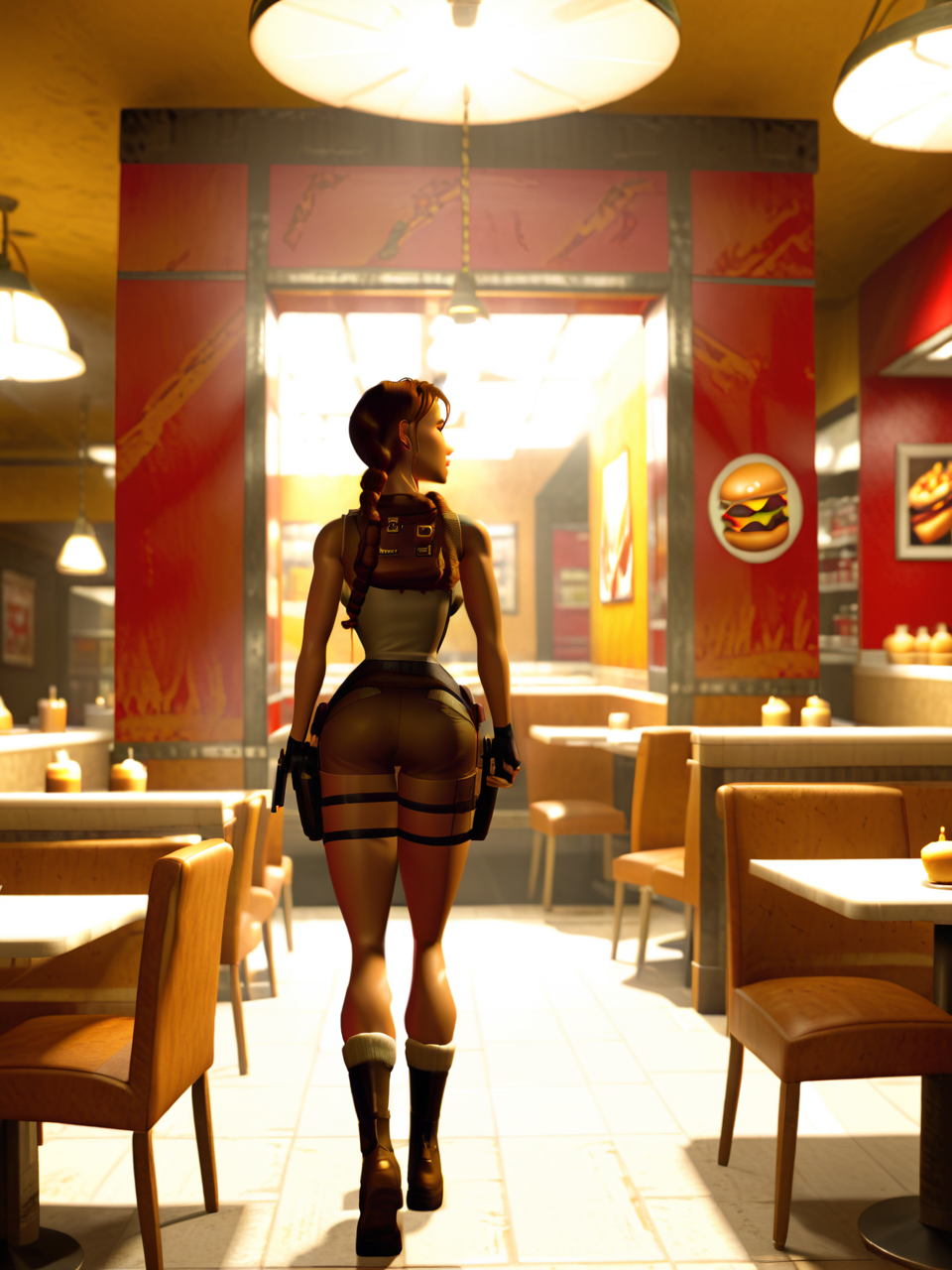 <lora:TR3D:1>, TR3D, 3D render of Lara Croft exploring inside a fast-food restaurant, glass pane windows, tables, chairs, burgers, fries, facing away, high resolution, raytracing