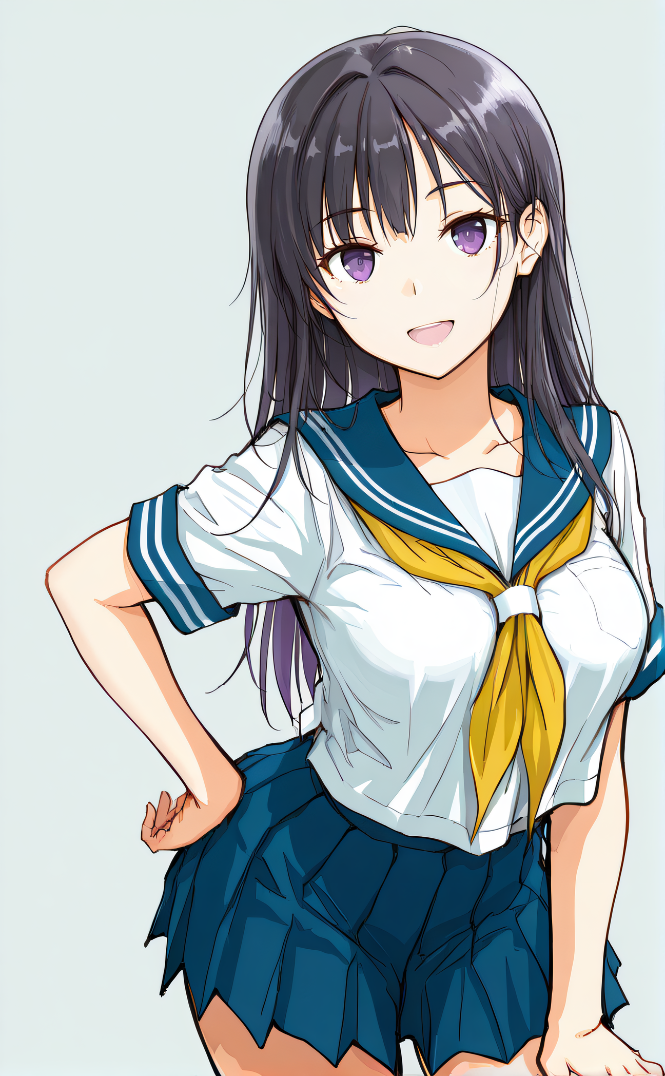 masterpiece, best quality, amazing quality, highres, absurdres, very aesthetic, high resolution, ultra detailed, perfect details, 1girl, solo, original artstyle, <lora:Zara_Style:1>, zarastyle, black hair, long hair, purple eyes, medium breasts, serafuku, short sleeves, yellow neckerchief, blue pleated skirt, hand on hip, looking at viewer, cowboy shot, smile, simple background, open mouth