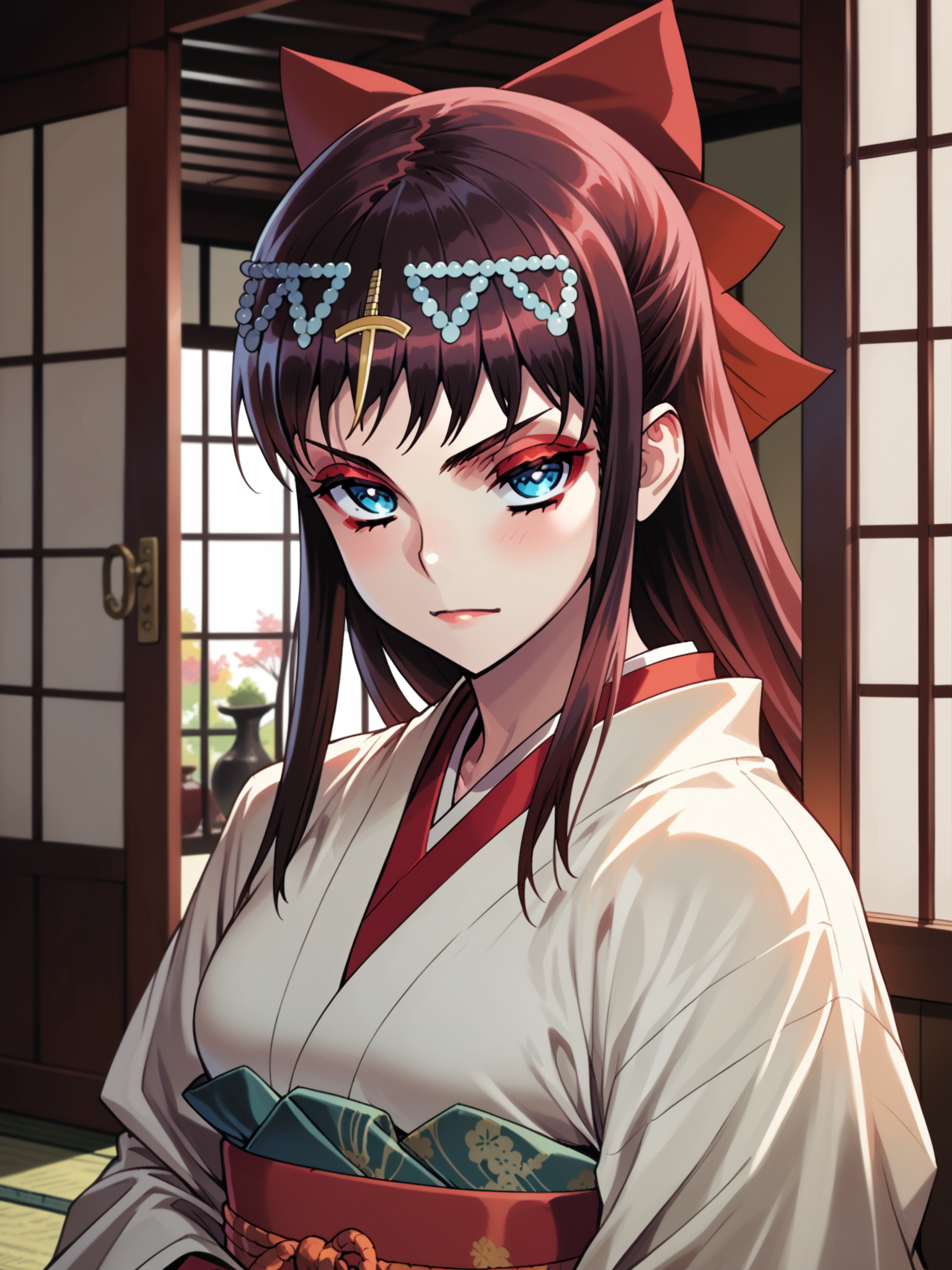 (upper body, solo:1.1) <lora:happy_tentacle-elseria-v0.5-000020:1>, ht_elseria, hair bow, 1girl, circlet () ( :1.1) ( (head back :0.8) , , ( :1.2) , , :1) , indoors, ((night, night sky :0.6), :0.8), ( window :0.9), (furniture:0.9), , , , , ( :0.8), east asian architecture, tatami, (geisha:1.2), japanese clothes, (makeup, red eyeshadow, red eyeliner:1.2), (lipstick:0.6), hand fan, hair ornament, nihongami, kanzashi, hair stick, nail polish, obi, pale skin, white skin, open door, garden, ( :0.8) score_9, score_8_up, score_7_up, score_6_up, score_5_up, score_4_up, [(realistic, photorealistic:1.3):(realistic:1.2):24] [(3d:1.2)::16] <lora:LUUNA's Lunas-NijiJourney-SDXL-B2:0.35>, nijijourney <lora:prgfrg23's Counterfeit-V3.0 Style SDXL_LoRA_Pony Diffusion V6 XL:0.5> <lora:mfcg's mfcgXL:0.12> <lora:reweik's gyokai(himehajime)_PonyXL_style_v01:0.14>
