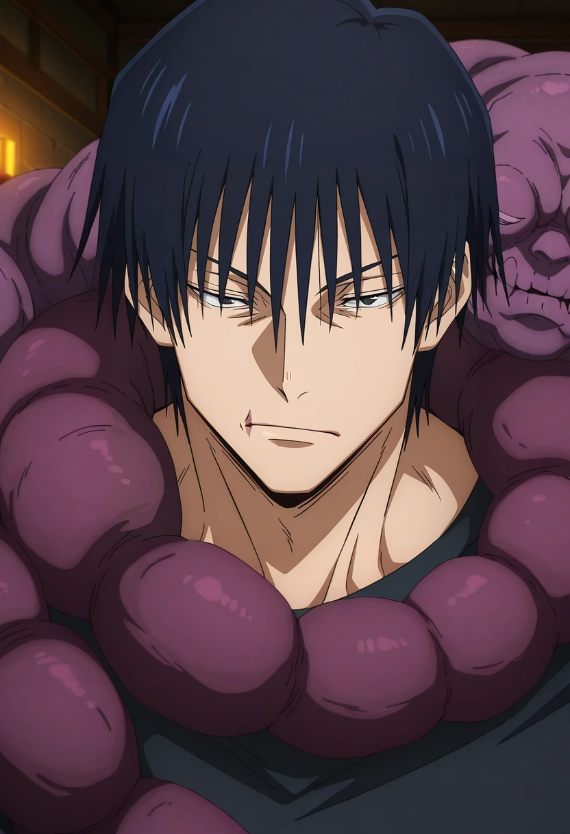 masterpiece, best quality, , anime screencap, anime coloring, official style, , 1boy, solo, male focus, <lora:touji_fushiguro_ilxl:0.94>, touji_fushiguro, black hair, black eyes, short hair, hair between eyes, bangs, monster, cursed spirit, , ,