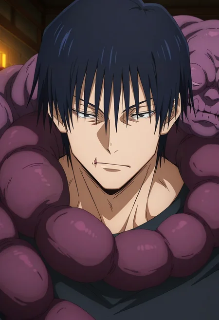 masterpiece, best quality, , anime screencap, anime coloring, official style, , 1boy, solo, male focus, <lora:touji_fushiguro_ilxl:0.94>, touji_fushiguro, black hair, black eyes, short hair, hair between eyes, bangs, monster, cursed spirit, , ,