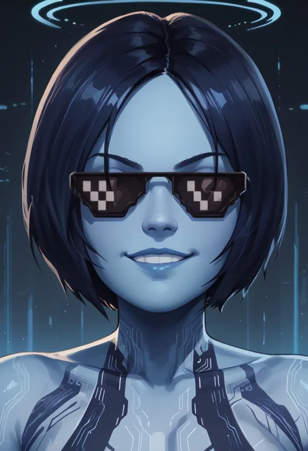score_9, score_8_up, score_7_up, 1girl, upper body, portrait, Cortana /(Halo/), blue skin, Cortana, smug, arms crossed, IncrsXLDealWithIt, dark sunglasses