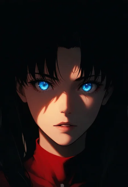 1girl, tohsaka rin, solo, dark, light, the light illuminates part of the face, masterpiece, best quality, very aesthetic, close up, parted lips