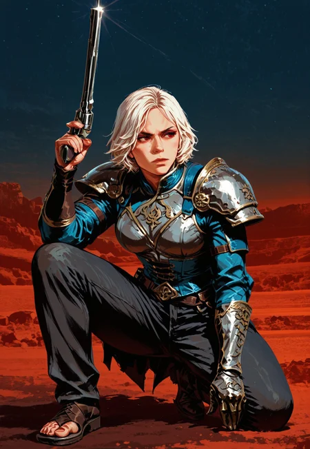 1girl, solo, beautiful, red eyes, short white hair, eyeliner, lean toned body, 
BREAK  
silver armor, gauntlet, shoulder armor, blue corset, high neck, dragon etchings, hemp samurai trousers, coiling dragon crest, leather sandals, 
BREAK  
dynamic angle, dynamic action pose, (asymmetrical dual wielding, holding revolver, holding sword:1.2), down on one knee,  
BREAK
outdoors, at night, abandoned town in the desert, moonlight illumination, detailed background, 
BREAK
(safe_pos, fine texture, masterpiece, ultra-detailed, very aesthetic, absurdres, volumetric lighting, scenery, newest), RDR,
BREAK