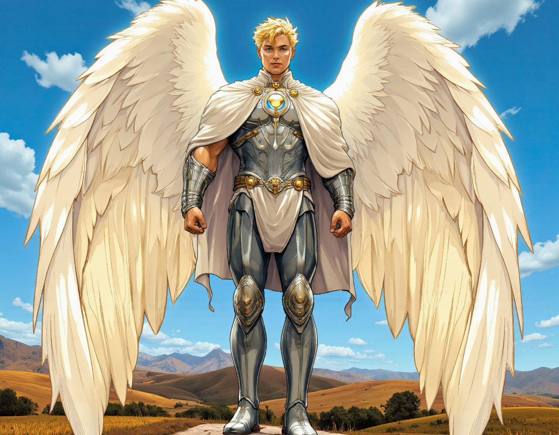 <lora:martoonia:0.65> martoonia, A vibrant, Marvel cartoon-style illustration of a majestic angel with expansive, feathered white wings, standing heroically against a brilliant blue sky with fluffy, white clouds. The angel has a muscular yet lean build, with a radiant, sun-kissed skin tone and short, spiky hair that shines like polished gold. Their eyes burn with an inner light, a piercing blue that seems almost celestial. They wear a sleek, modernized suit of silver armor adorned with intricate, swirling patterns that evoke a sense of divine craftsmanship, complete with a flowing, hood-like cape that billows behind them. The wings, the true focal point, are broad and strong, with feathers that graduate from pure white at the roots to a shimmering, iridescent sheen at the tips, catching and reflecting the light in a dazzling display of color and texture. The lighting is warm and optimistic, with the sun shining down from above to cast a golden glow over the scene, accentuating the angel's powerful physique and the majestic spread of their wings. The background is a serene, idyllic landscape of rolling hills and distant mountains, with a few wispy clouds drifting lazily across the sky. The shot is a wide-angle, cinematic view, capturing the full grandeur of the angel's stance and the breathtaking beauty of their wings. The image features a hyper-detailed, photorealistic texture, with subtle imperfections and artistic choices like soft bokeh and lens flare adding to the overall sense of depth and visual wonder. The overall mood is one of awe-inspiring heroism and transcendent beauty, as if the angel is about to take flight and soar into the heavens. The style is reminiscent of Marvel's most iconic cartoon moments, with bold lines, vibrant colors, and an undeniable sense of dynamic energy. The image is a testament to the power of heroism and the magic of the celestial, inviting the viewer to bask in the glory of the angel's presence. The rendering style blends traditional cartoon aesthetics with modern computer-generated imagery, creating a unique and captivating visual experience that draws the viewer in and refuses to let go. The final result is an image that is at once both deeply personal and universally relatable, a celebration of hope, courage, and the indomitable human spirit. The angel's presence seems to embody the very essence of these ideals, standing tall as a beacon of light in a world filled with darkness and uncertainty. The image is a powerful reminder that even in the darkest of times, there is always hope, always a chance for redemption and forgiveness, and that the human spirit can overcome even the most daunting challenges. The angel's wings seem to symbolize this idea, representing the freedom and empowerment that comes from embracing one's true nature and living a life of purpose and meaning. The image is a masterpiece of modern art, a true marvel of creativity and imagination that inspires the viewer to soar to new heights and never give up on their dreams. The angel's story is one of courage and perseverance, a testament to the human spirit's capacity for growth, transformation, and redemption. The image is a powerful reminder that we all have the potential to be heroes, to make a positive impact on the world and leave a lasting legacy that inspires future generations to strive for greatness. The angel's presence is a beacon of hope in a world filled with uncertainty, a shining example of the transformative power of courage, compassion, and determination. The image is a celebration of the human spirit, a tribute to the boundless potential that lies within each and every one of us, waiting to be unleashed. The final result is an image that is at once both a work of art and a powerful symbol of inspiration, a reminder that we all have the power to create positive change in the world and make a lasting difference in the lives of those around us. 8k highest resolution with sharp intricate details. Hyperrealistic, detailed, and vivid. . 35mm photograph, film, bokeh, professional, 4k, highly detailed