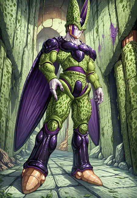 score_9, score_8_up, score_7_up, detailed, celldb, 1boy, solo, full body, white skin, purple marks, pink eyes, green spotted exoskeleton, black plates, wings, purple veins