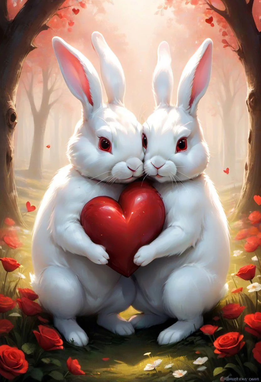 JuggernautNegative, 
Imagine two white rabbits, cute and cuddly, tenderly holding a vibrant red heart. This lovely and adorable scene captures the essence of love, as the bunnies express their affection for each other. The image radiates sweetness and warmth, symbolizing that love is the beginning of all things beautiful. Whether it's the charming embrace of the rabbits or the heartwarming message of "I love you," this depiction brings forth an "aww" moment, celebrating the pure and innocent joy of love. ='d