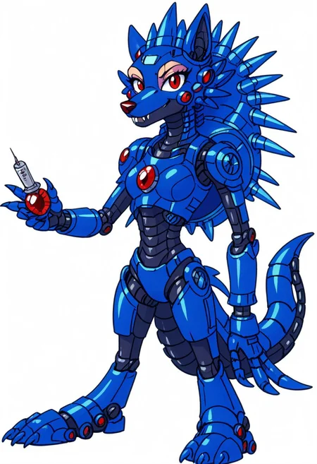 source_furry, hari harry, friender, wolf, hedgewolf, megaman, megaman3, needle wolf, spikey shell, red eyes and gem (on body), claws, robotic, friender, hedgewolf, spike, spike head, spikey shell, boss, robot, solo, (female:2), full body, looking at viewer, simple background, anthro, Artifyber_style, kind, calm, cute pose