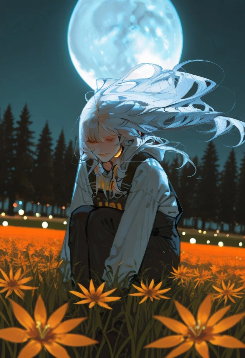 best quality, detailed face, detailed eyes, , solo, 
by kp, usnr
masterpiece,best quality,sitting,lolong hair,1girl,solo,white hair,moon,very long hair,flower,tree,long sleeves,standing,closed eyes,floating hair,bangs,a beautiful girl with long white hair and a white dress,standing in a field of orange flowers,She is surrounded by orange lanterns and birds,and there is a full moon in the background,The overall color scheme is warm and vibrant,with a focus on shades of orange and white,line art,line style,masterpiece,best quality,good structure,Good composition,good atomy,clear,original,beautiful,extreme aesthetic,(quasarcake:0.7),masterpiece,best quality,good quality,newest,year 2024,year 2023,very aesthetic,absurdres,A shot with tension,(Visual impact:1.2),insanely interplay between lights and shadows,(ray tracing),sunlight,reflective,masterful details,intricate details,soothing tones,high contrast,natural skin texture,soft light,sharp,ultra-high resolution,32K UHD,sharp focus,best-quality,masterpiece,Emotionalization,unconventional supreme masterpiece,masterful details,temperate atmosphere,with a high-end texture,in the style of fashion photography,(glowing:1.2),depth of field,blurry background,cast shadow,black theme,dutch angle,photo background,3d background,hyperrealism background,<lora:Nightmare_Katana_IL:0.7>,<lora:ZM_Vis_Dev:0.3>,ZMVisdev,<lora:USNR_STYLE_ILL_V1_lokr3:0.3>,usnr,<lora:96YOTTEA-WAI:0.3>,