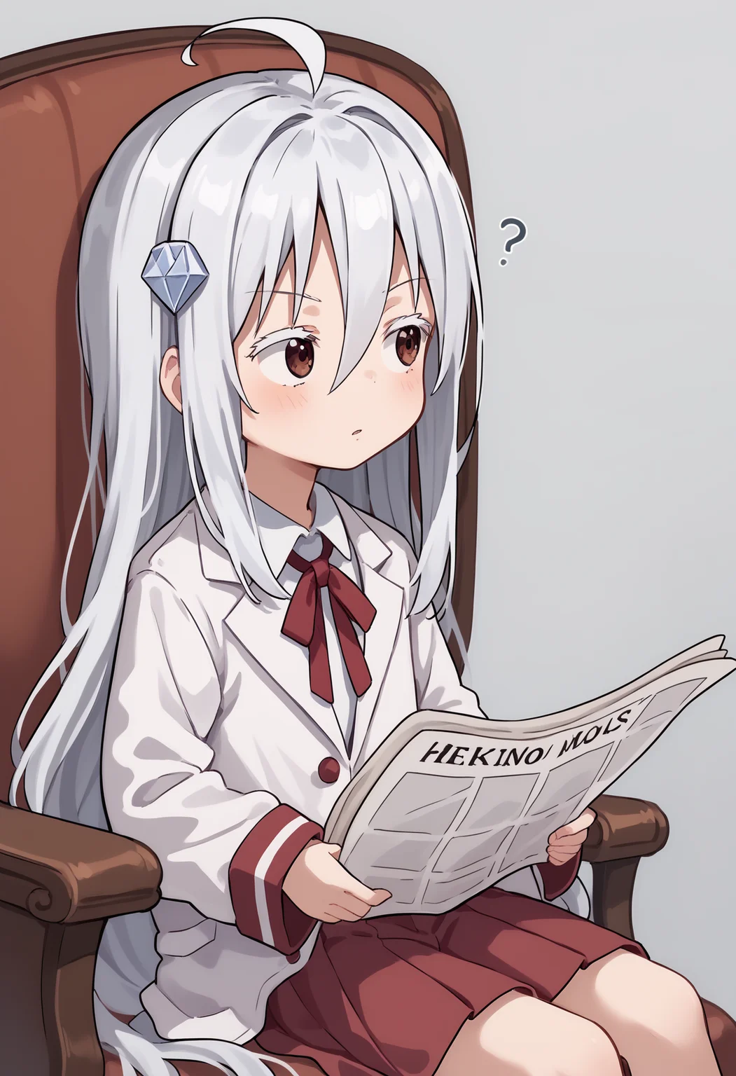score_9, score_8_up, score_7_up,
1girl, solo, HikariKongou, child, long hair, very long hair, white hair, hair ornament, white eyelashes, hair between eyes, ahoge, brown eyes,  <lora:HIKARI_PONY:0.6>
school uniform, oversized clothes, jacket, white jacket, closed jacket, shirt, collared shirt, white shirt, long sleeves, red neck ribbon, red skirt, plead skirt
TomReadingTheNewspaper, sitting, newspaper, chair, reading <lora:TomReadingTheNewspaper_XLPD:0.8> looking away, confused