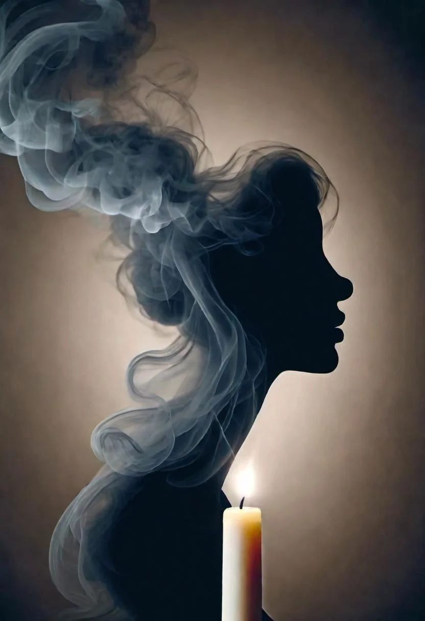 Wisps of smoke rising from a candle in the form of a woman's profile
