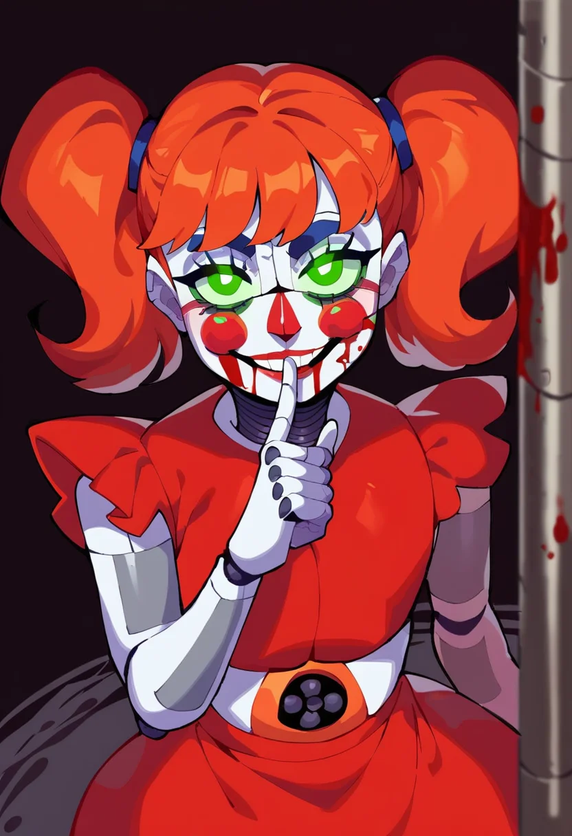 score_9, score_8_up, score_7_up, 1girl, solo, (dimly lit:1.4), fisheye view, dutch angle, looking at viewer, <lora:CircusBB-PonyV2:1> CircusBB, robot, android, metal skin, clown, red hair, twintails, green eyes, glowing eyes, crop top, navel, red skirt, upper body, blood on face, blood on clothes, finger to mouth, shushing, smirk, blush, dark warehouse, abandoned laboratory, BREAK, (detailed face, robotic face, beautiful face, horror)