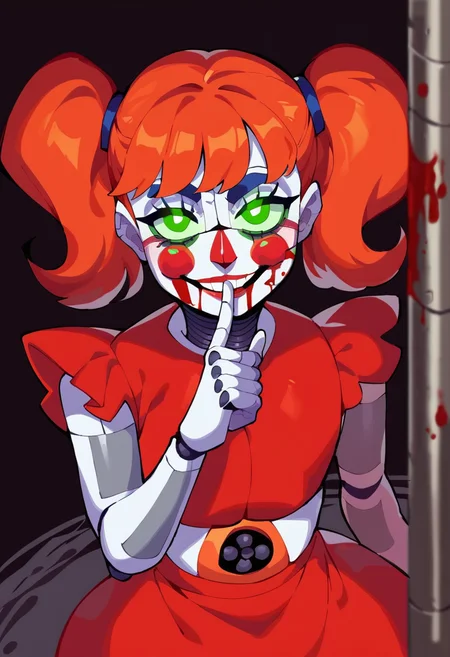 score_9, score_8_up, score_7_up, 1girl, solo, (dimly lit:1.4), fisheye view, dutch angle, looking at viewer, <lora:CircusBB-PonyV2:1> CircusBB, robot, android, metal skin, clown, red hair, twintails, green eyes, glowing eyes, crop top, navel, red skirt, upper body, blood on face, blood on clothes, finger to mouth, shushing, smirk, blush, dark warehouse, abandoned laboratory, BREAK, (detailed face, robotic face, beautiful face, horror)