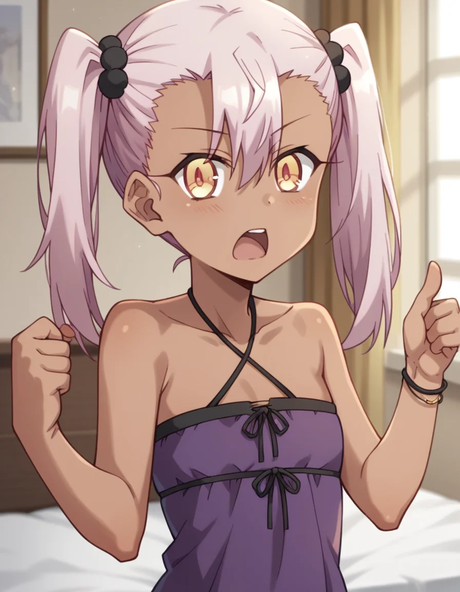 score_9, score_8_up, score_7_up, source_anime, <lora:chloe-von-einzbern-prisma-s2s3-ponyxl-lora-nochekaiser:1>,, chloe von einzbern, long hair, hair between eyes, yellow eyes, pink hair, dark skin, dark-skinned female,, twintails, dress, bare shoulders, collarbone, bracelet, halterneck, purple dress,, bedroom, alarm clock, morning routine, yawning, stretching, on bed,, , looking at viewer, hand showing a thumbs up, solo,, cowboy shot, dutch angle
