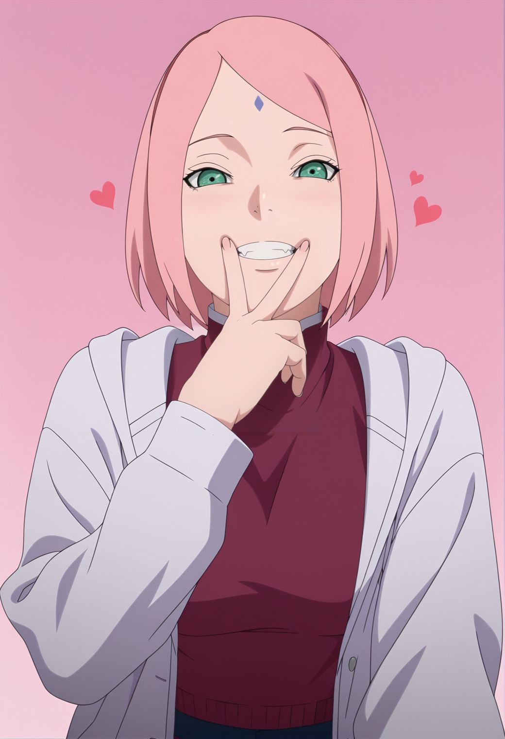 masterpiece, best quality, amazing quality, anime coloring, anime screencap, 1girl, solo, <lora:DX888Sakura:1>haruno sakura, pink hair, green eyes, forehead mark, bob cut,  crazy grin, half-closed eyes,  heart  cropped sweater, purple sweater, turtleneck sweater, sweater under jacket, BREAK dynamic pose, cunnilingus gesture, from below, pastel background, pink background