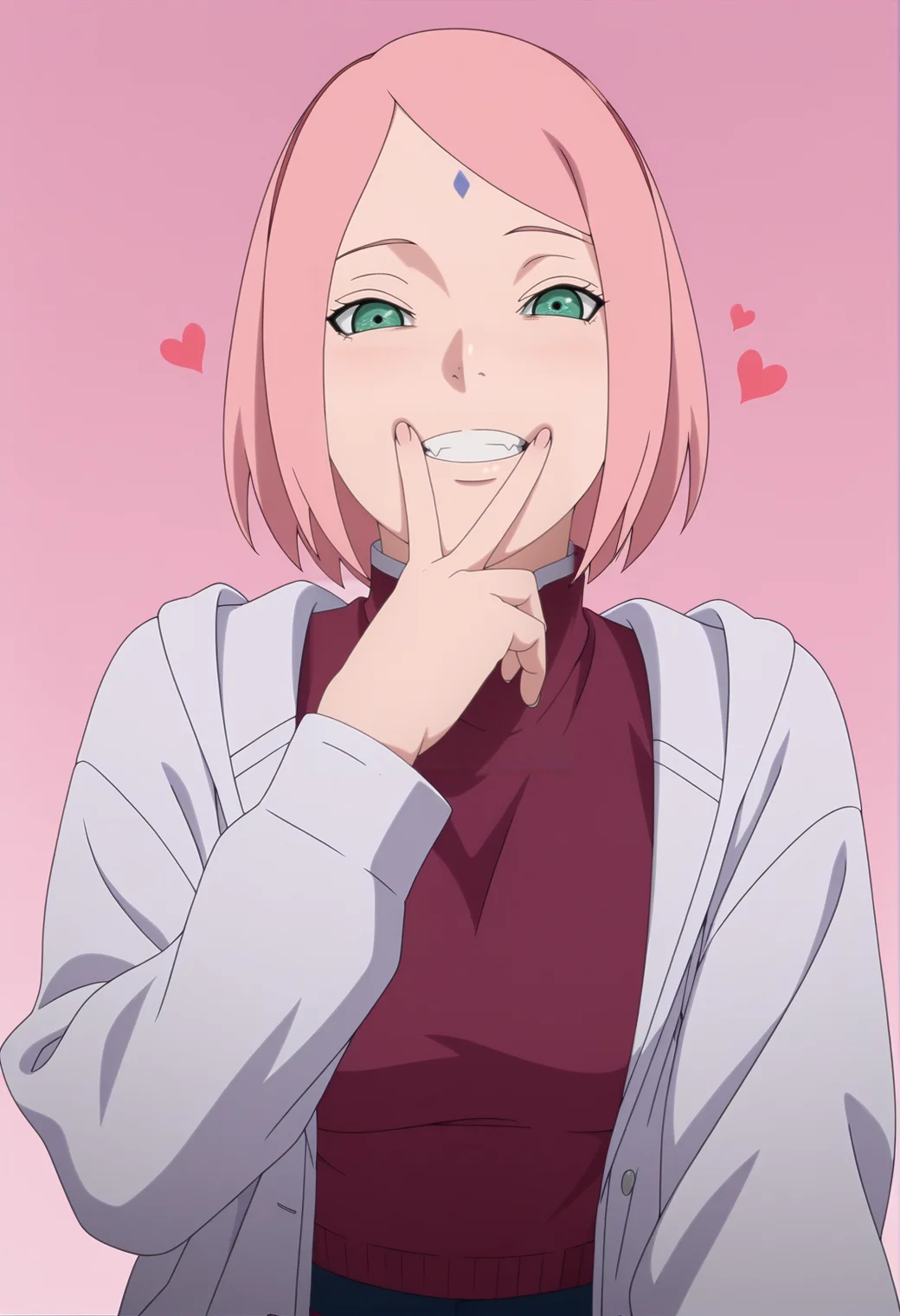 masterpiece, best quality, amazing quality, anime coloring, anime screencap, 1girl, solo, <lora:DX888Sakura:1>haruno sakura, pink hair, green eyes, forehead mark, bob cut, crazy grin, half-closed eyes, heart cropped sweater, purple sweater, turtleneck sweater, sweater under jacket, BREAK dynamic pose, cunnilingus gesture, from below, pastel background, pink background