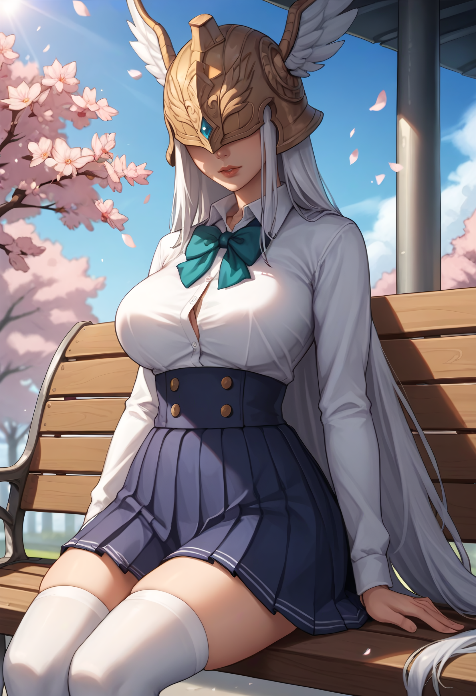 score_9, score_8_up, score_7_up, source_anime BREAK 1girl, looking at viewer, cowboy shot,  
<lora:HaloneDwnsty-000008:0.8>, halonedwnsty, white hair, very long hair, covered eyes, winged helmet, white shirt, collared shirt, bowtie, pleated skirt, blue skirt, school uniform, white thighhighs, outdoors, sunlight, school yard, cherry blossoms, blue sky, bench, outdoors, sunlight, school yard, cherry blossoms, blue sky, bench, sitting, on bench,
large breasts, lips, skindentation,