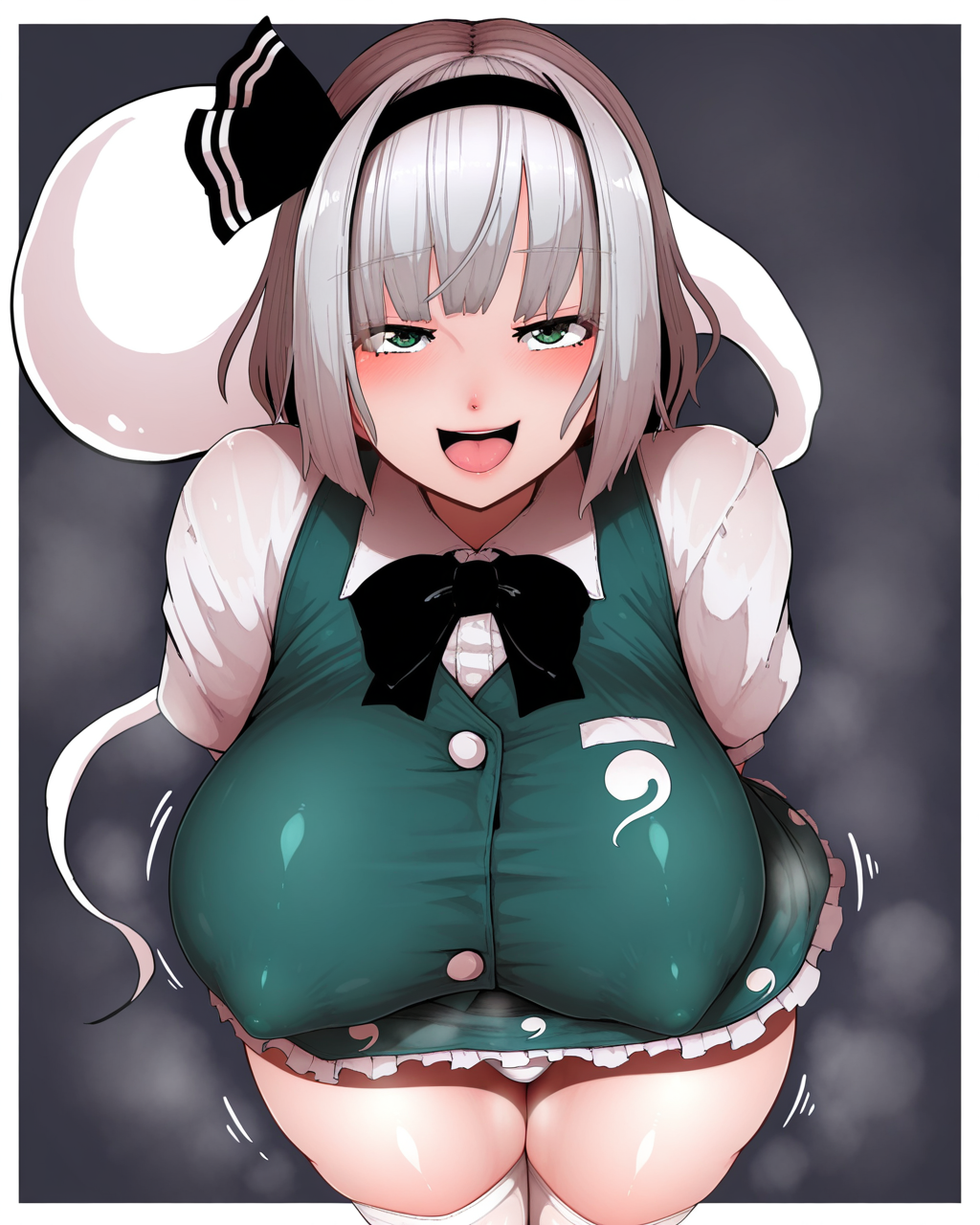 1girl, solo, konpaku youmu,konpaku youmu \(ghost\),hitodama,grey hair,short hair,green eyes,black hairband,black bow,green vest,white shirt,black bowtie,hitodama print green skirt,frilled skirt, large breasts, (covered nipples:1.2), white thighhighs, white panties, naughty face, open mouth, starraisins, steam, smell, steaming body, looking at viewer, cowboy shot, simple background, white background, masterpiece, best quality, very aesthetic, absurdres