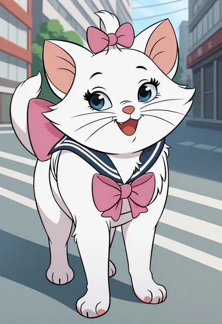 score_9, score_8_up, score_7_up BREAK KittyMarie, 1girl, cat, white fur, blue eyes, pink nose, whiskers, tail, pink hair bow, full body, solo focus, alone, happy, serafuku, sailor dress, urban japan background, tokyo outdoors, cartoon, source_cartoon,