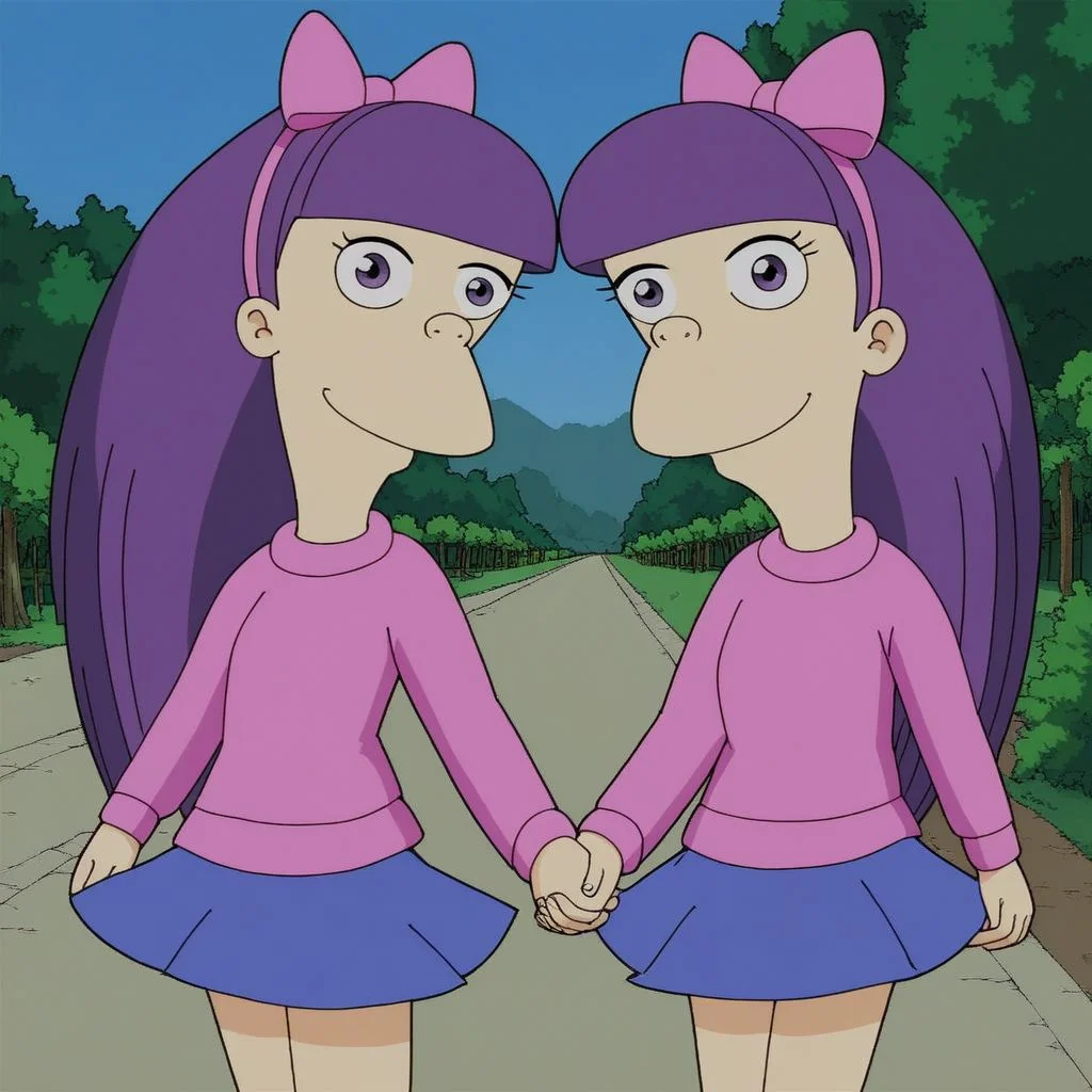 score_9, score_8, score_9, BREAK, sherri-terri, 2girls, twins, purple hair, hair bow, skirt, outdoors, smiling, holding hands, looking at viewer, natural lighting