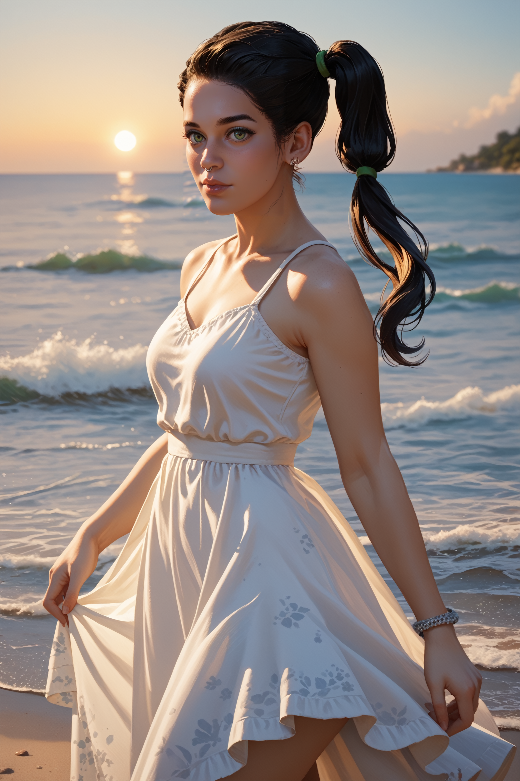 score_9, score_8_up, score_7_up, score_6_up
<lora:WDSitara:0.8>
WDSitara, 1girl, side ponytail, long hair, black hair, nose piercing, make up, looking at viewer, on a beach during a vibrant sunset, sundress, playing with the waves
