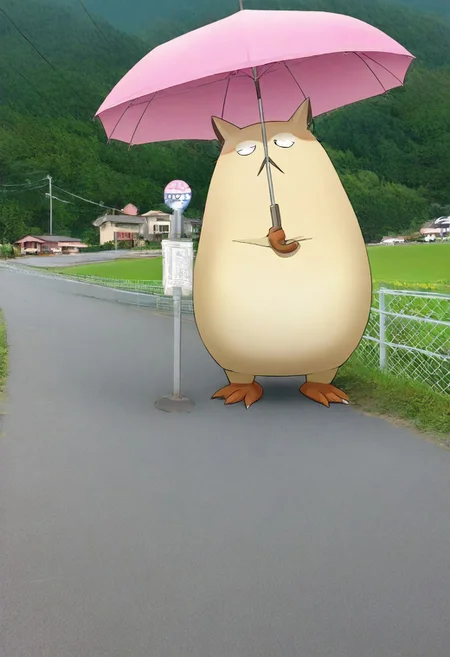 totoro,holding an umbrella,basutei, bus stop, no humans, scenery, grass, outdoors, rural, tree, sky, sign, utility pole, mountain, power lines, day, real world location, building, road, house, cloud, landscape, poster (object), mountainous horizon, fence, hill, photo background, bush, japan, field, nature
masterpiece, best quality, amazing quality, very aesthetic, absurdres, newest,
<lora:sc_bustei_illustrious_V1L:1>