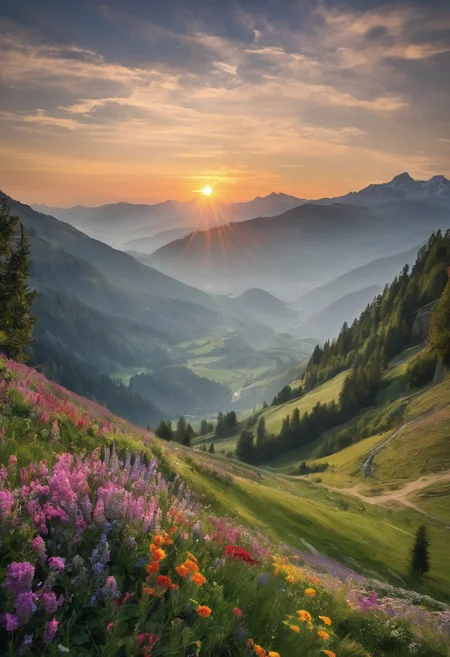 the hills of the Swiss Alps amidst a field of colorful beautiful flowers, Romantic setting, hyper modern, unique alps Style, a person sits peaceful in meditation facing the view, next to her is a closed leather bound book a beautiful unique crystal and a wicker basket with wild flowers bunched in it, all ornately placed on the ground, a magical Glow to it, the hills of the Swiss Alps amidst a field of colorful beautiful flowers, Romantic setting, hyper modern, beautiful classy classical timeless, unique hat of the opstyle of the alps, beautiful picturesque quaint legendary landscape, magical mist rolls in over the ground, NC, a feeling of Magic and wonder, magical lighting effects, slow shutter effect, , cinematic lighting, soft colorful lighting, star streaks, light trails, normal hand's, five finger's, masterpiece, best quality, highly detailed, sharp focus, dynamic lighting, vivid colors, texture detail, particle effects, storytelling elements, narrative flair, 8k, UE5, subject-background isolation, Evening