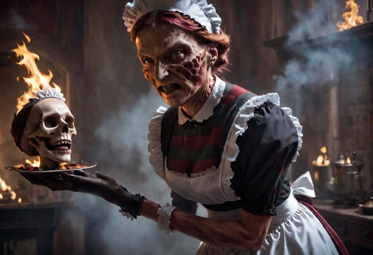 4k, Cinematic style of (Freddy Krueger:1) wearing (maid costume:1.2), holding a skull, heating burner, fire background. god rays, Shallow depth of field,  vignette,  highly detailed, high res, high budget,  bokeh,  Cinemascope,  moody,  epic,  gorgeous