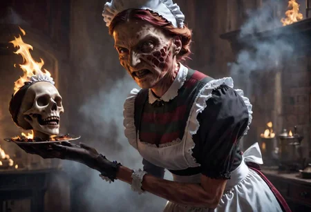4k, Cinematic style of (Freddy Krueger:1) wearing (maid costume:1.2), holding a skull, heating burner, fire background. god rays, Shallow depth of field,  vignette,  highly detailed, high res, high budget,  bokeh,  Cinemascope,  moody,  epic,  gorgeous