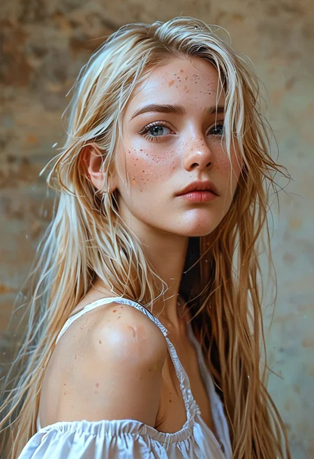 (score_9, score_8_up, score_7_up) 1girl, solo, realistic lighting, photo, photorealistic, Beautiful Russian
girl, very long hair , blonde hair, freckles, side long thin braid, native pale skin,