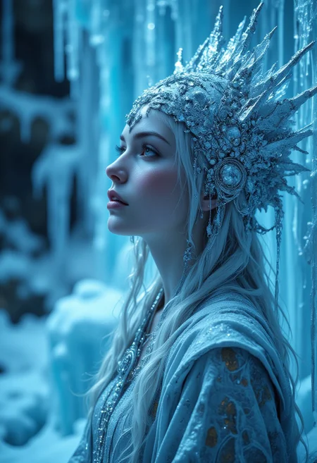 illustration, Beauty, Comic book style, grunge style, nightmare, mythp0rt, aidmaMJ6.1, play of shadow and light,
A close-up cinematic shot of a female character dressed in an elaborate ice-themed costume against a frozen backdrop. The scene is bathed in cool tones of blue and white, creating an icy atmosphere. She wears a round headdress encrusted with glittering embellishments. Her expression is serene and contemplative, with her eyes slightly closed and her head tilted back as if looking upward. The background features large vertical ice formations, including icicles and icicle-like structures, which enhance the frozen environment. Soft, diffused lighting creates a gentle glow, highlighting the textures and details of the ice and costume.