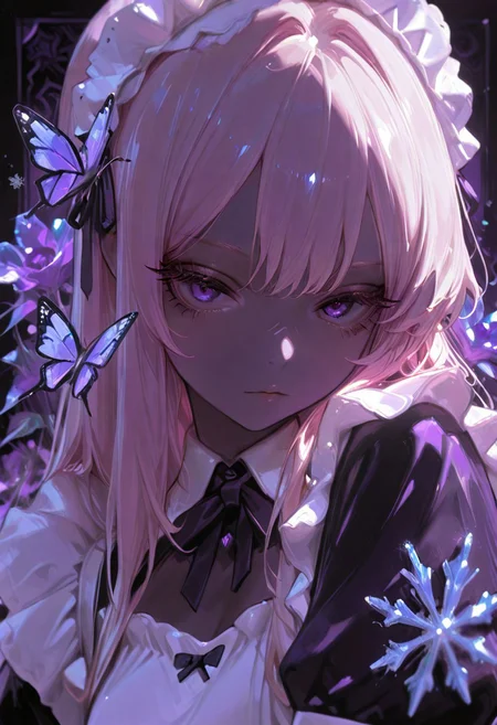 (Theme: Draconic Crystals). masterpiece, newest,absurdres,incredibly absurdres, 1girl, CivChan, solo, bug, butterfly, purple eyes, pink hair, maid uniform, looking at viewer, long hair, purple theme, eyelashes, flower, snowflakes look like crystals, dark_theme,abstract background, 
depth of field