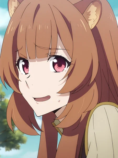 <lora:Raphtalia:0.8>, raphtalia, tate no yuusha no nariagari, 1girl, solo, red eyes, long brown hair, twintails, raccoon ears, nervous smile, open mouth, sweatdrop, standing, close-up, looking at viewer, outdoors, tree, sky, cloud, day, blurry background