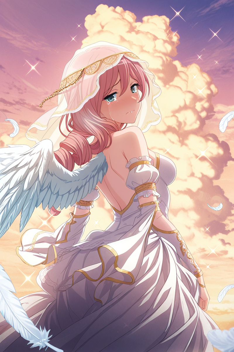 masterpiece, best quality, amazing quality,
 <lora:Yachiyo_IL:1> yachiyo, 1girl, solo, pink hair, looking at viewer, veil, sky, tears, bare shoulders, cloud, long hair, dress, feathers, looking back, drill hair, detached sleeves, sparkle, wings