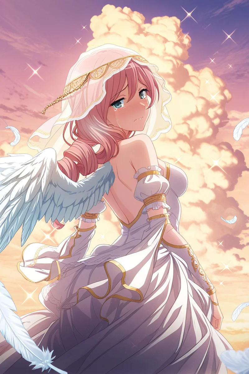 masterpiece, best quality, amazing quality,
<lora:Yachiyo_IL:1> yachiyo, 1girl, solo, pink hair, looking at viewer, veil, sky, tears, bare shoulders, cloud, long hair, dress, feathers, looking back, drill hair, detached sleeves, sparkle, wings